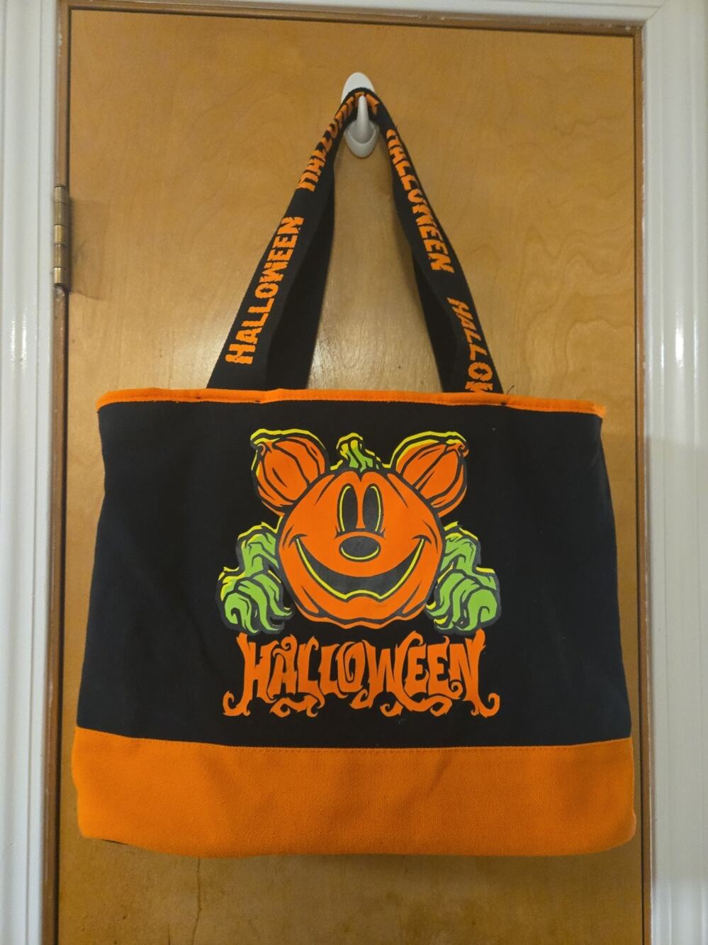 Disney Parks Halloween Pumpkin Mickey Mouse Canvas Tote Bag Glow In Dark 16x14